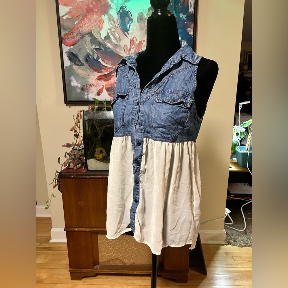 Guess Denim and Chiffon Sleeveless Top